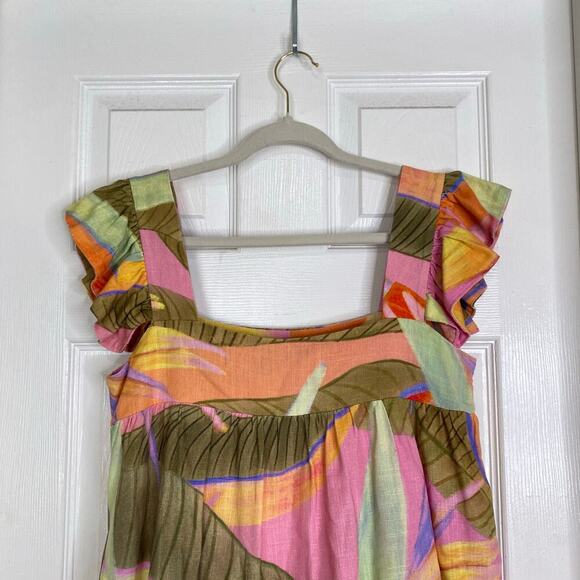 KOURT Seasonal Tropical Bird Of Paradise Print Mini Dress Size XS Linen Summer - Picture 3 of 8